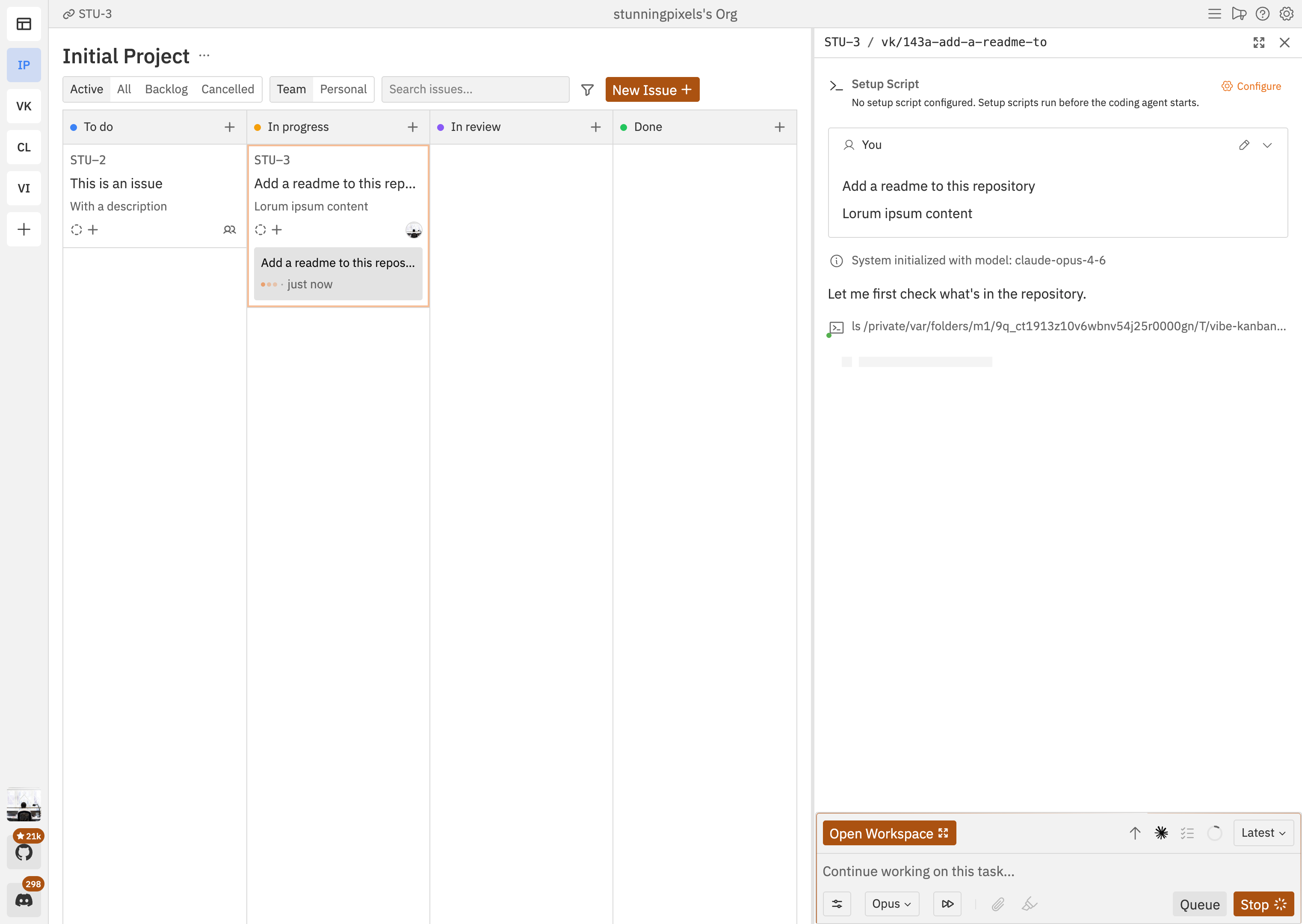 Vibe Kanban interface showing a kanban board with task columns on the left and an active Claude agent workspace on the right, with task cards flowing through To Do, In Progress, In Review, and Done