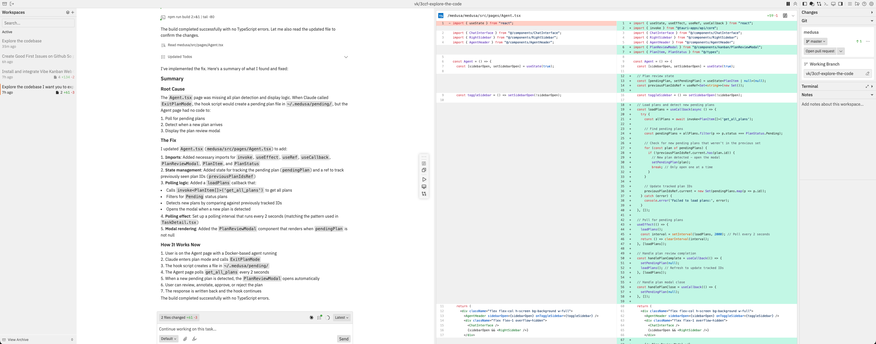 Vibe Kanban workspace view showing agent output with markdown rendering on the left and a full code diff on the right, with green additions and red deletions